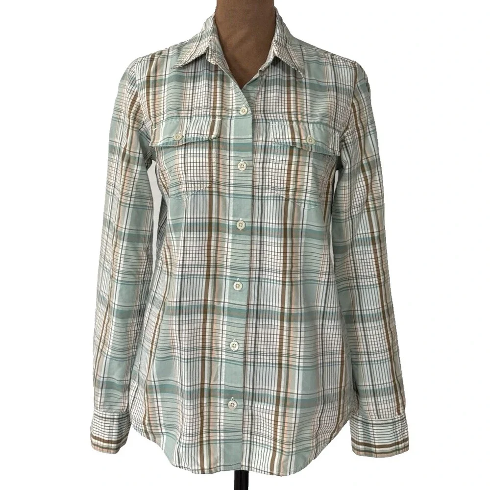 Patagonia Shirt Womens Size 2 Button Up Long Sleeve Green Plaid Front Pockets